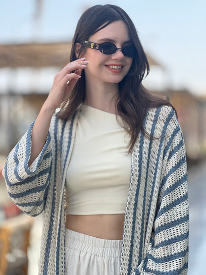 Blue & Off-White Long Knit Cardigan