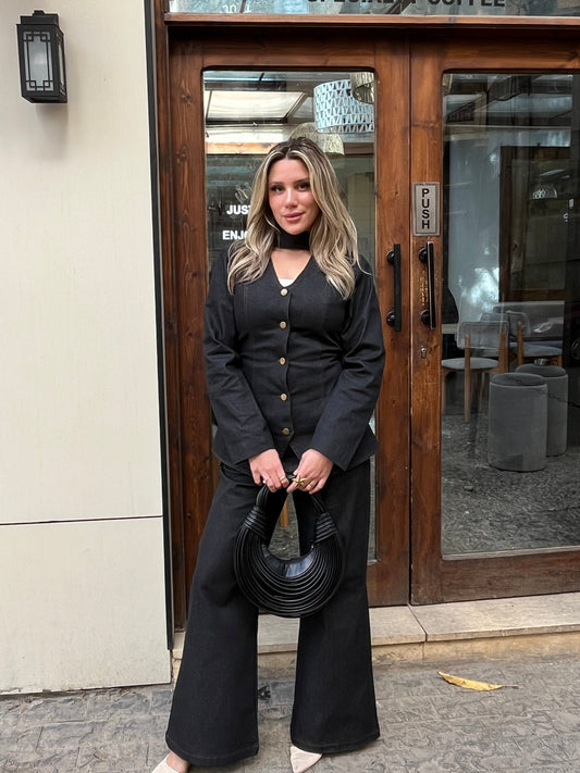 Dark Denim Fitted Jacket & Flared Pants Set