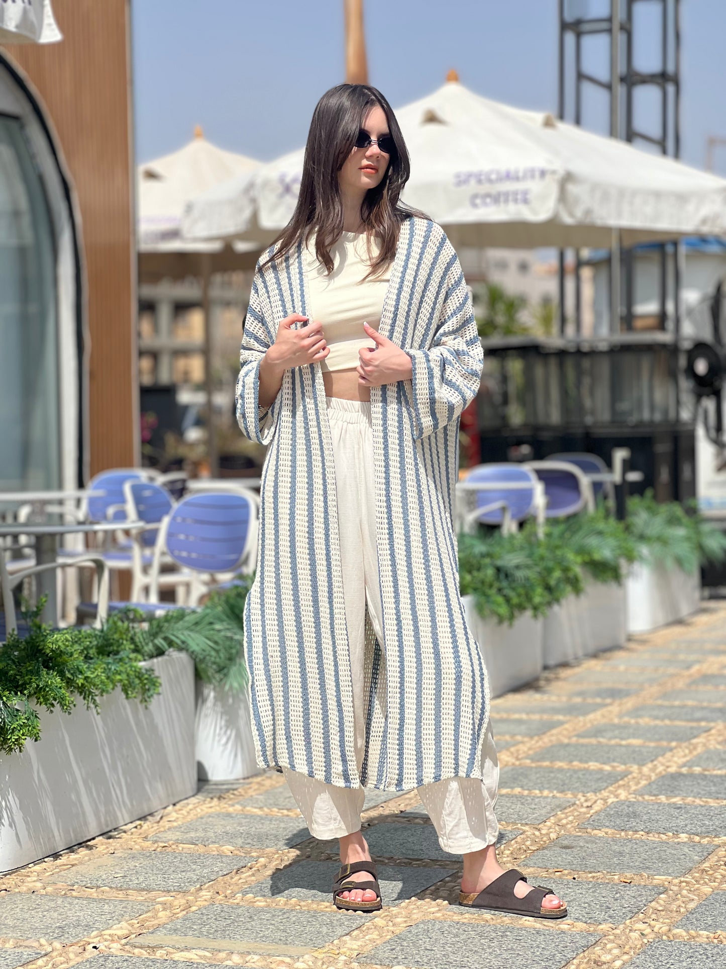 Blue & Off-White Long Knit Cardigan