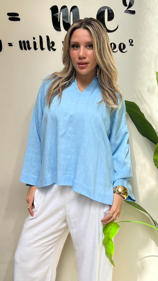 Baby Blue Pure Linen Summer Top
