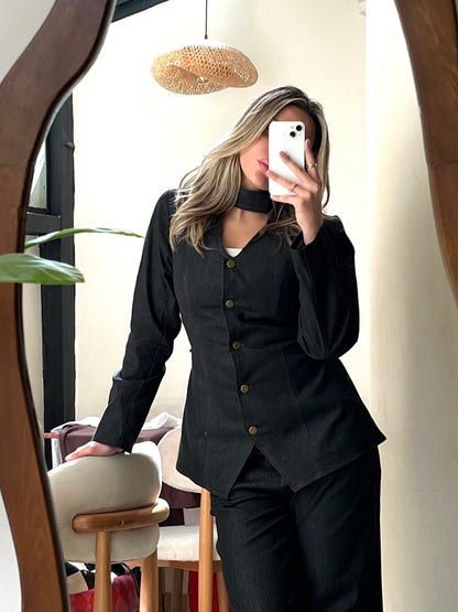 Dark Denim Fitted Jacket & Flared Pants Set