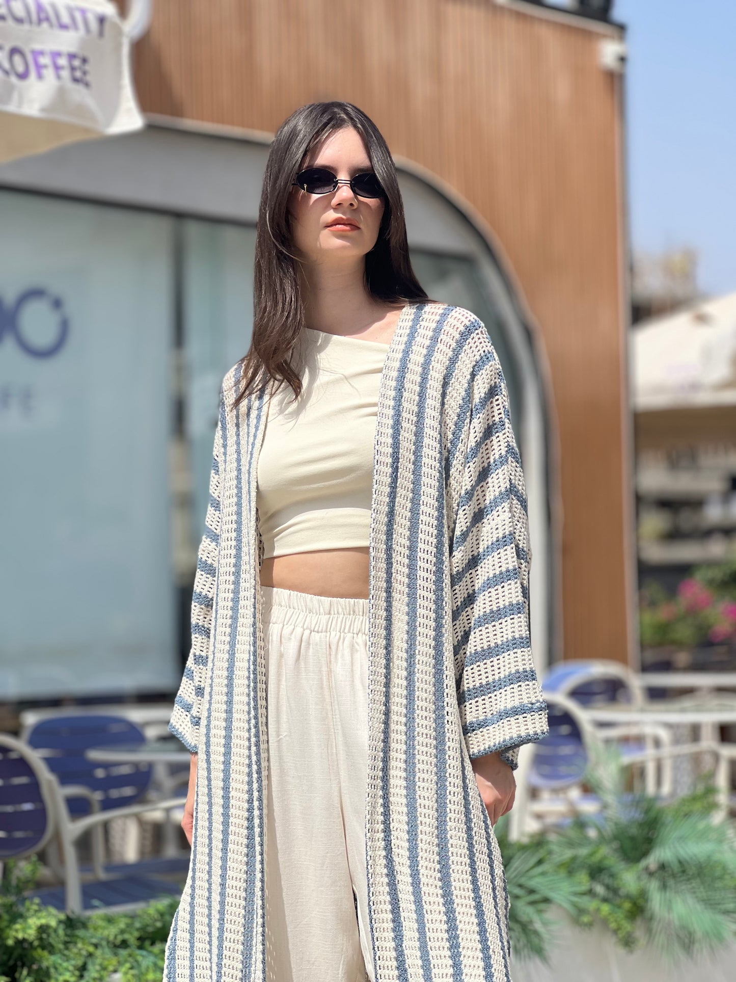 Blue & Off-White Long Knit Cardigan