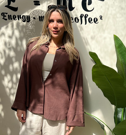 Brown Pure Linen High-Low Shirt