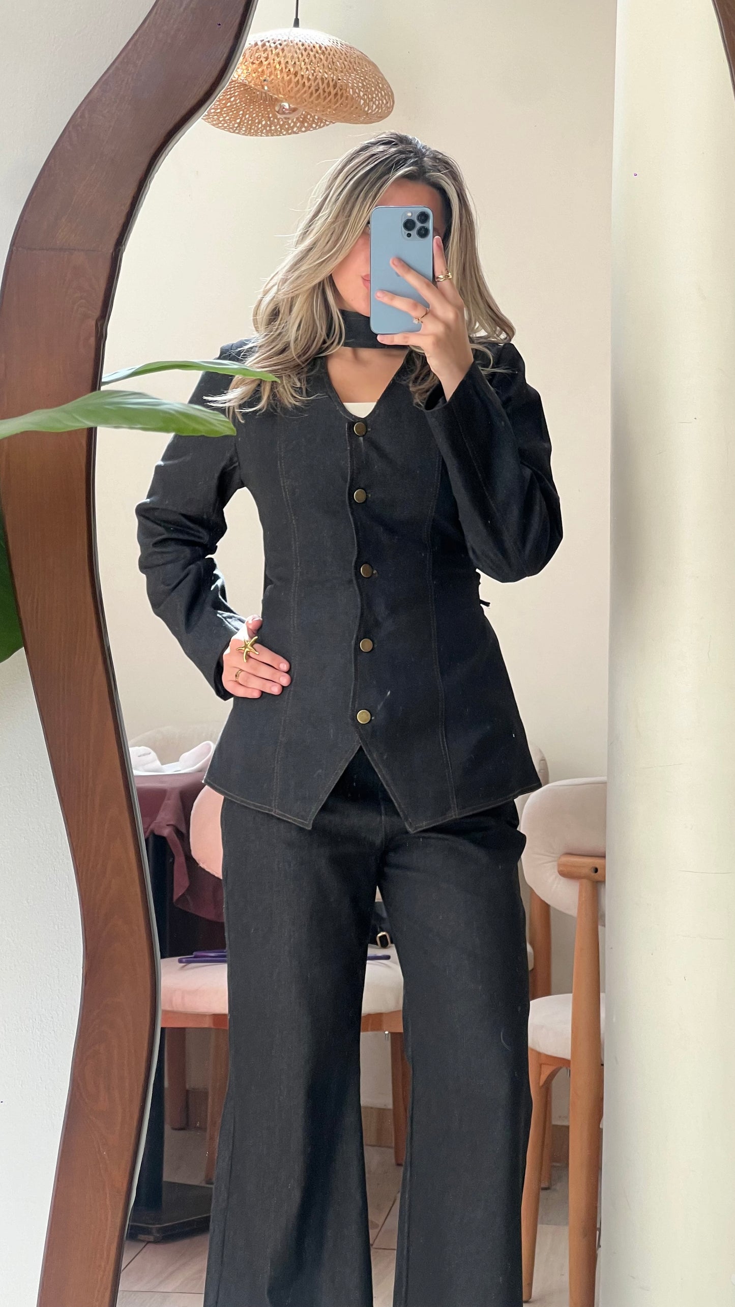 Dark Denim Fitted Jacket & Flared Pants Set