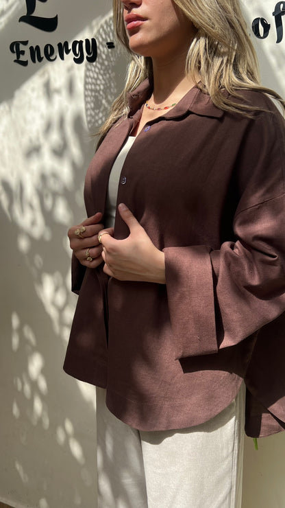 Brown Pure Linen High-Low Shirt