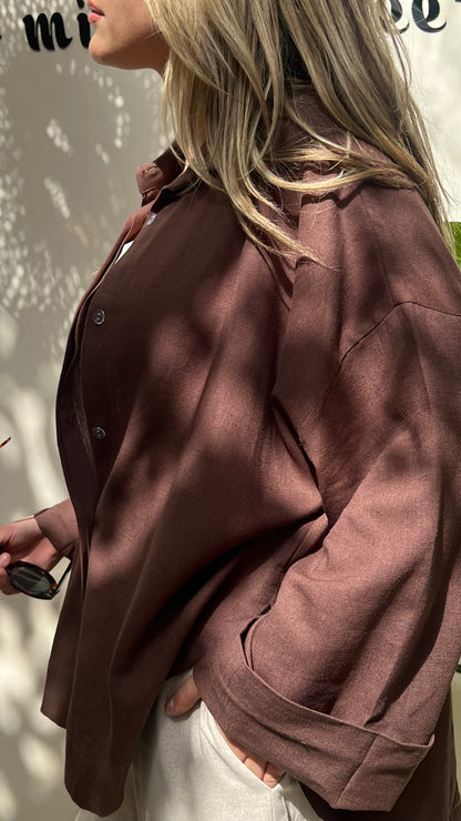 Brown Pure Linen High-Low Shirt