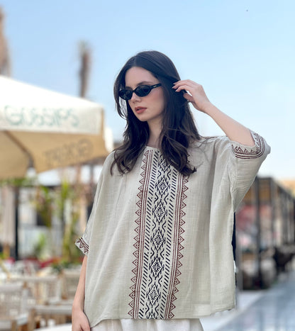 Olive Hand Drawn Print Top