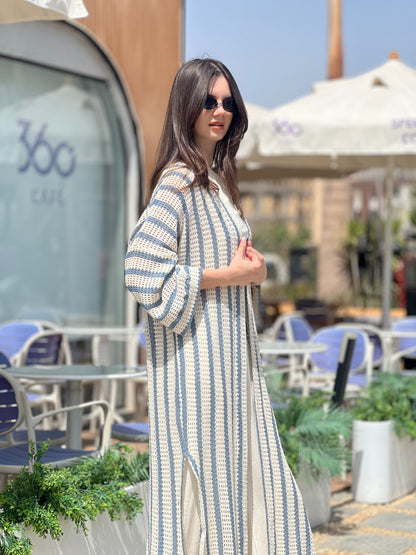 Blue & Off-White Long Knit Cardigan