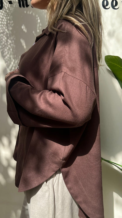 Brown Pure Linen High-Low Shirt
