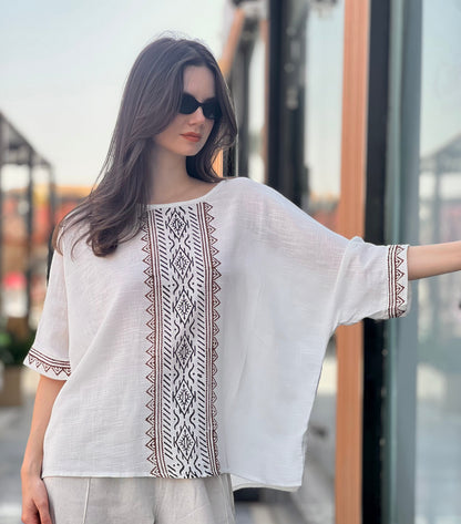 White Hand Drawn Print Top