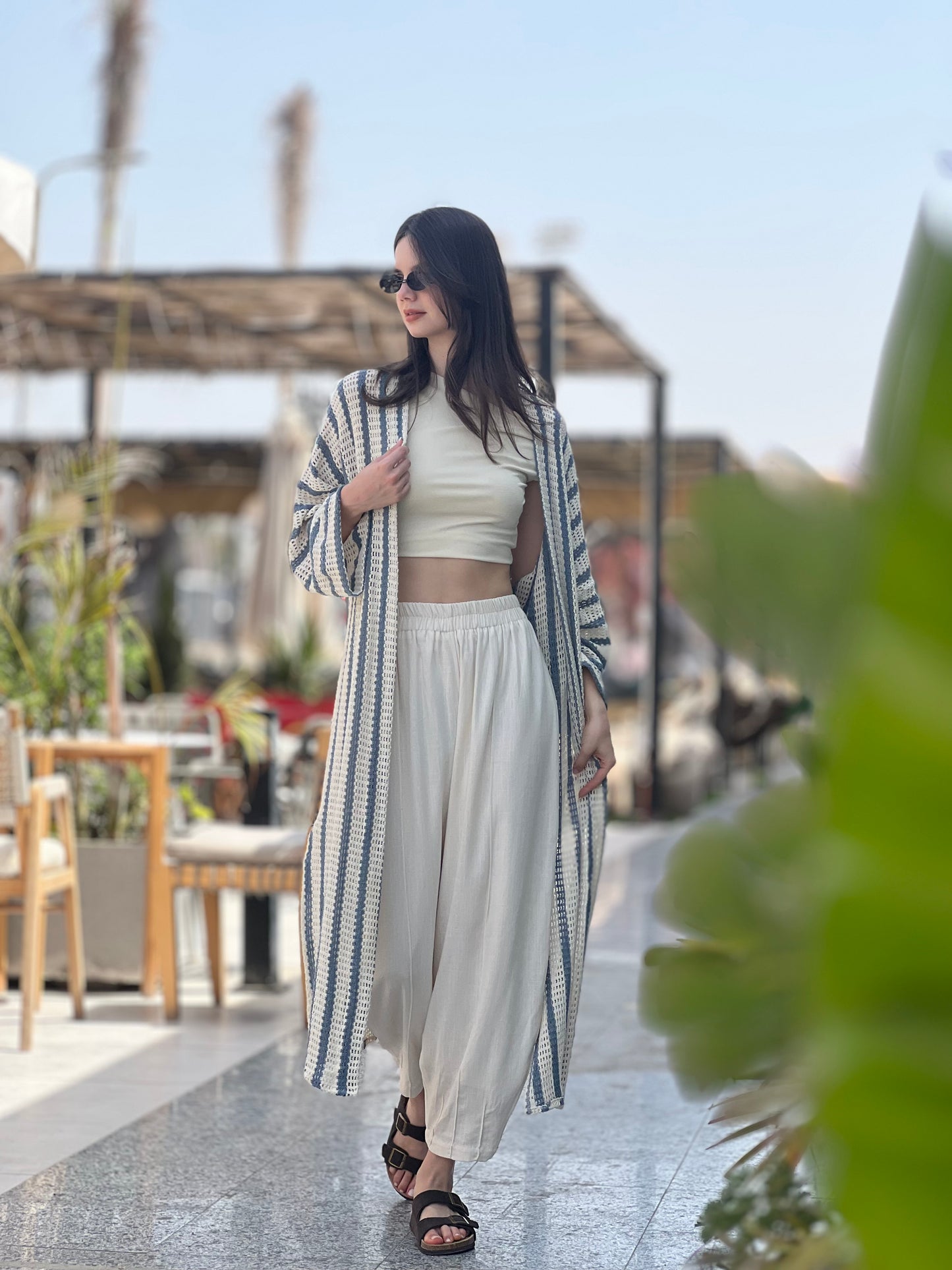 Blue & Off-White Long Knit Cardigan