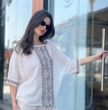 White Hand Drawn Print Top